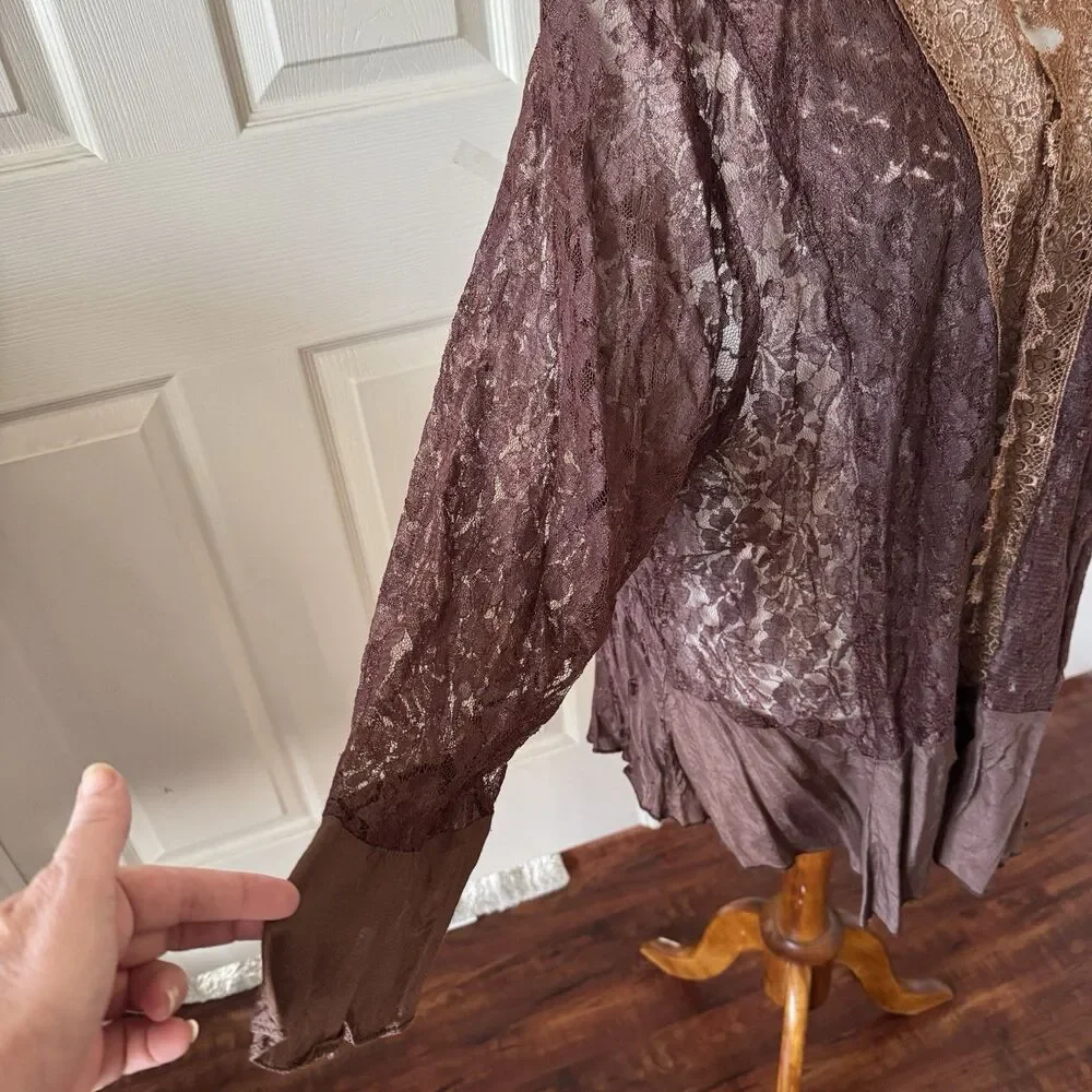 Channa FLAW Womens Open Rayon Cardigan M Brown Lace Fairy Grunge Whimsygoth Boho